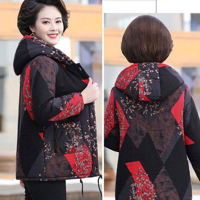 Winter Padded Jacket Chinese Printing Hooded Down Jacket Plus Velvet Padded Short Padded Jacket