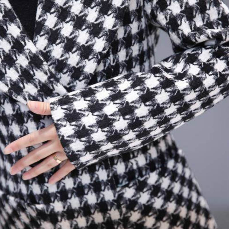 Black and White Plaid Woolen Coat Women's Mid-length Slim Temperament Coat Double-sided