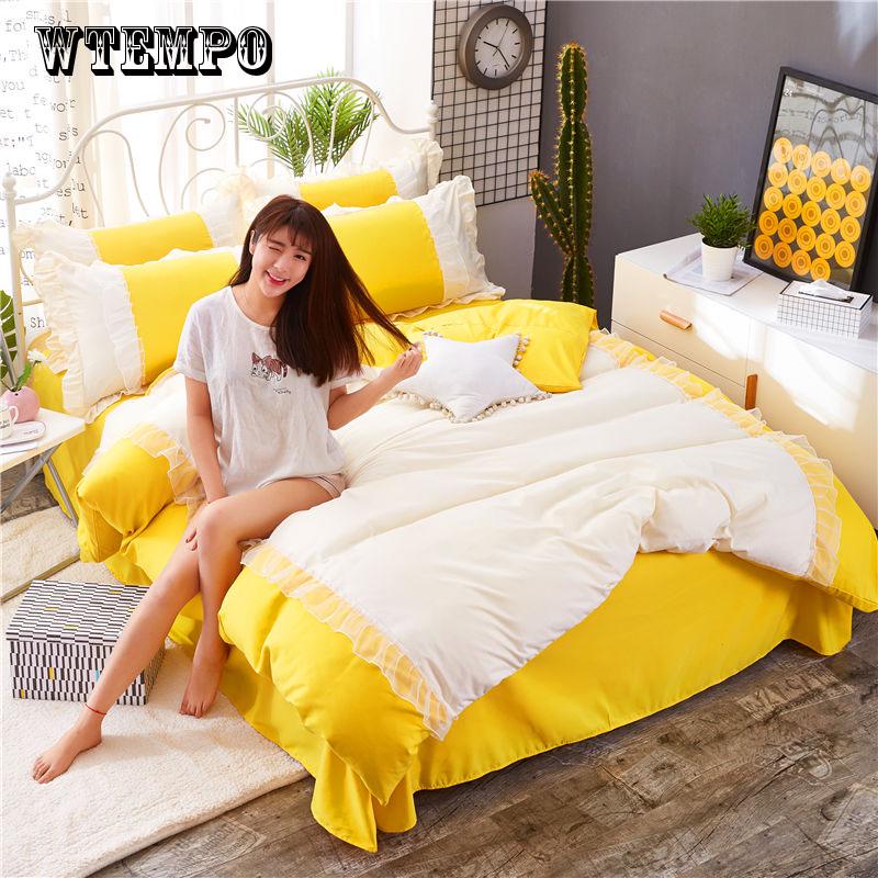 WTEMPO bedding set Princess Bedspread Bedding Sets Pink Bed Skirt Lace Edge Duvet Cover Bedclothes