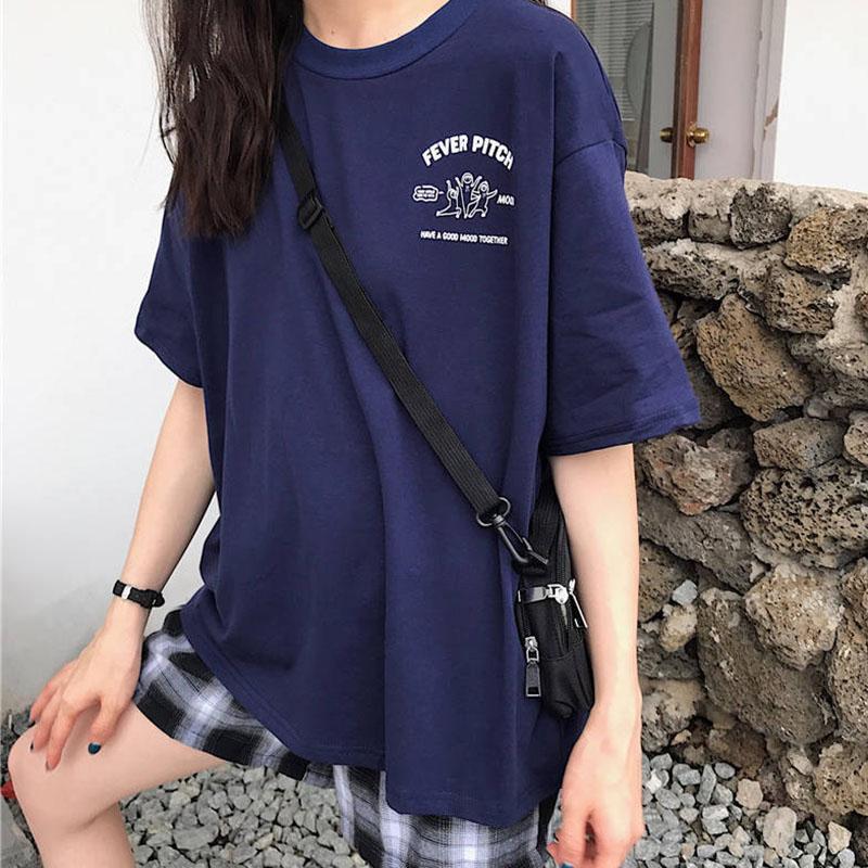Short Sleeve T-shirt Women Summer Loose Round Neck Top Solid Color