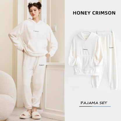 Coral Fleece Pajamas for Women and Men Pyjamas Set Flannel Hoodie Pullover Sleepwear Autumn Winter Velvet Warm Home Wear Suit Casual Loose Long Sleeve