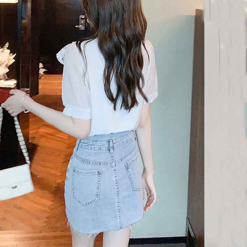 Chiffon Shirt Women's Summer Solid Color Temperament Foreign Style V-neck Shirt Ruffled Lace Short-sleeved Top