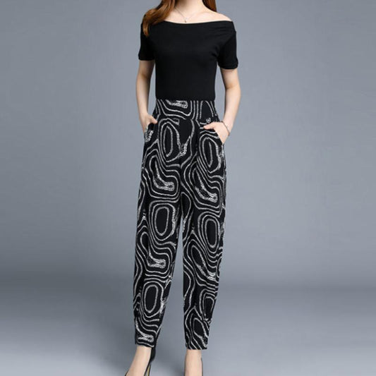 Autumn and Summer Style Fall Feeling Pattern Bloomers Cropped Trousers Feet Pants Women Loose Harem Pants