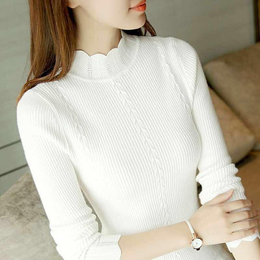 Autumn and Winter Thickened Half Turtleneck Sweater Women Warm Short Ruffled Solid Color Knitted Bottoming Shirt