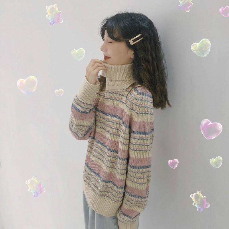 Pofulove Turtleneck Crew Neck Autumn Winter College Style Loose Long-sleeved Strip Sweater Pullover