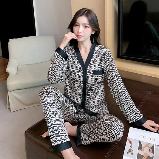 Women's Spring Autumn Long Sleeves Pajamas Ice Silk Sexy Loose Homewear Silk Suit Lapel Ice Silk Outerwear Suit