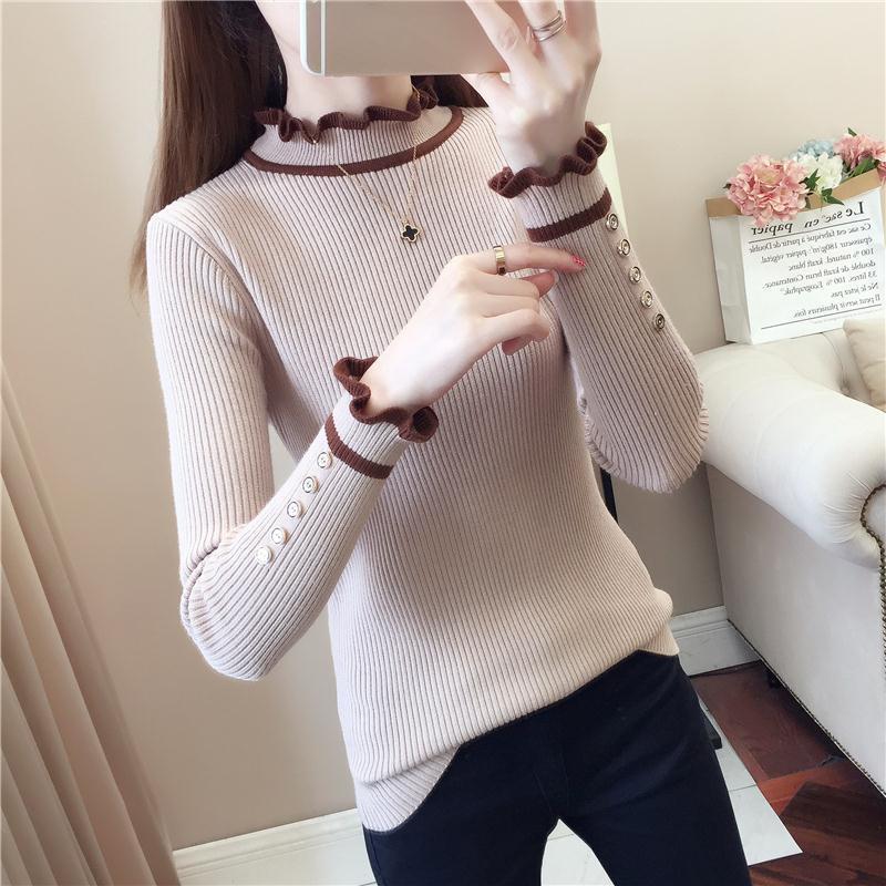 Autumn and Winter Slim-fit Padded Top Ruffled Long-sleeved Sweater All-match Base Sweater