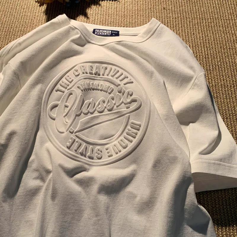 3D Engraved T-shirt Solid Color Retro Tees Summer Men O-neck Short Sleeve Shirt Bump Trend Casual Thin Pullover