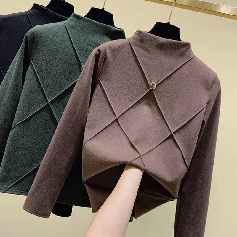 Thickened Double-sided Velvet Bottoming Shirt Women High-neck  Pullover Autumn Winter Warm Long-sleeve Plus Velvet  Base Shirt