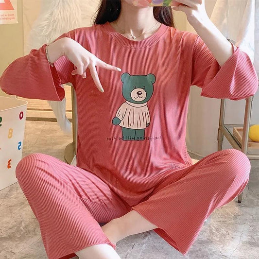 Women's Long Sleeve Stripes Pajamas Set Loose Printing Spring Autumn Thin Home Wear Round Neck Pullover Pants Top Two Piece Sets Solid Color