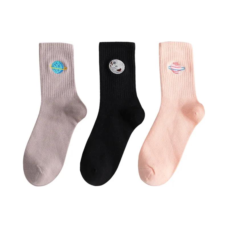 Three Pairs of Women's Tube Socks Trend All-match Cotton Tube Socks Planet Pattern Couple Socks