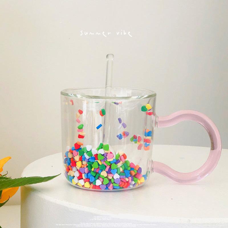 Ins Cute Girl Glass Flowing Love Bobo Cup Quicksand Cup Double Cup Water Cup Creative Gift Cup