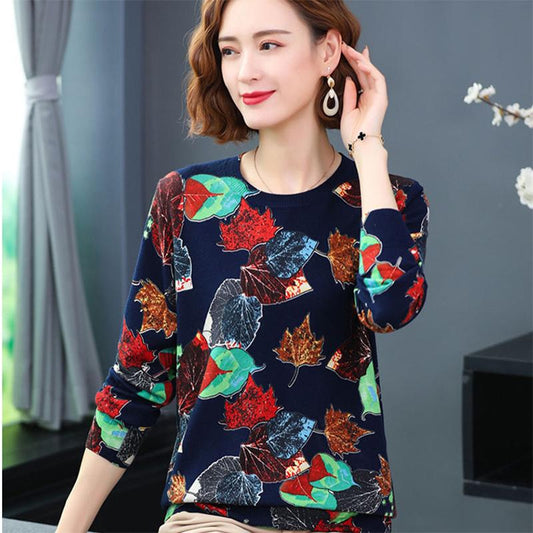 Autumn and winter ladies  round neck suit maple leaf theme bottoming shirt fashion printing shirt sweater