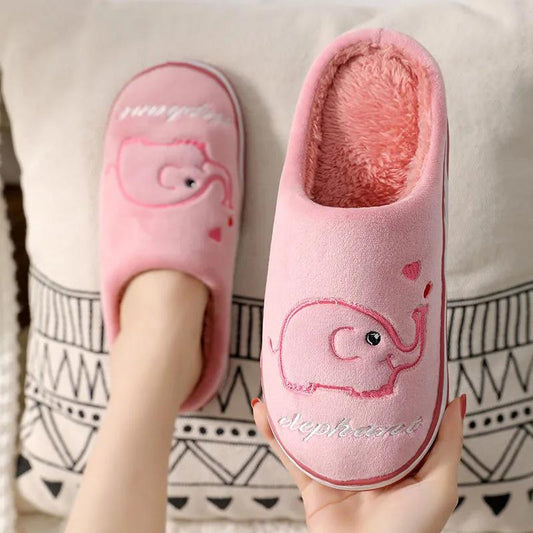 Women Winter Slippers Cute Elephant Embroidery Plus Size Cotton Shoes Men Home Indoor Casual Slippers Blue Pink Slippers Thick Fleece Warm Non Slip