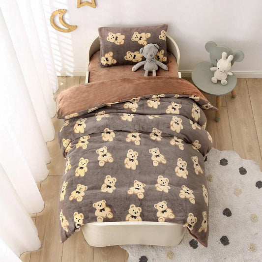 Children's Bed Three-piece Soft Skin-friendly Pillowcase Quilt Cover Sheet Milk Velvet Warm Bed Set Baby Bedding