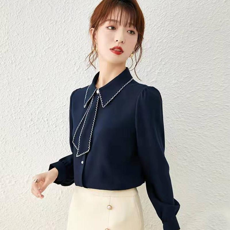 Spring and Autumn Streamer Shirt Inside and Outside Wear Shirt Sweet Puff Sleeve Top Women