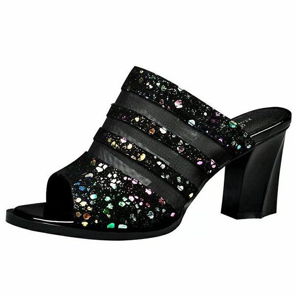 Women's Spring and Summer Large Size Fish Mouth High Heel Slippers Office Ladies Thick Heel Casual Sequins Slippers