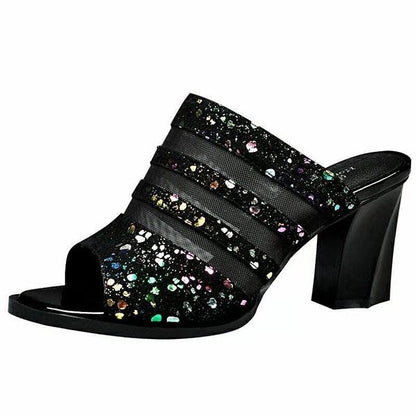 Women's Spring and Summer Large Size Fish Mouth High Heel Slippers Office Ladies Thick Heel Casual Sequins Slippers