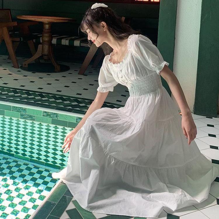Female Simple and Elegant Travel Casual Dress Bubble Sleeve Slim Square Collar Long Dress In Summer