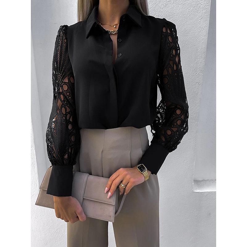 Elegant Long Sleeve Shirts Women Lapel Button Office Lady Top White Women's Sexy Embroidery Hollow Out Lace Blouse Streetwear Temperament Summer Top