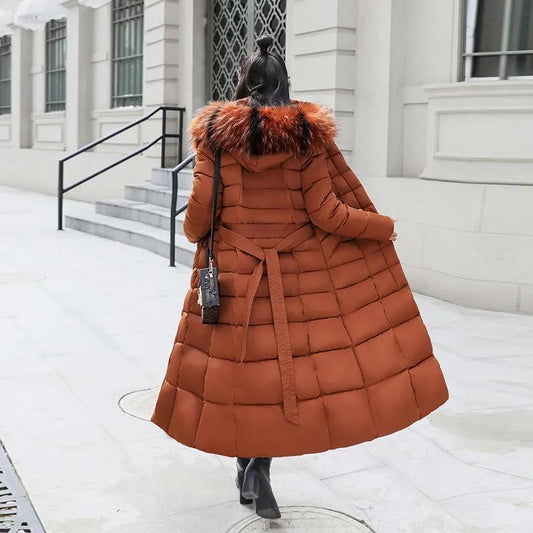 Down Jacket Winter Korean Fashion Hooded Big Fur Collar Jacket Thickened Warmth Long Over-the-knee Down Jacket