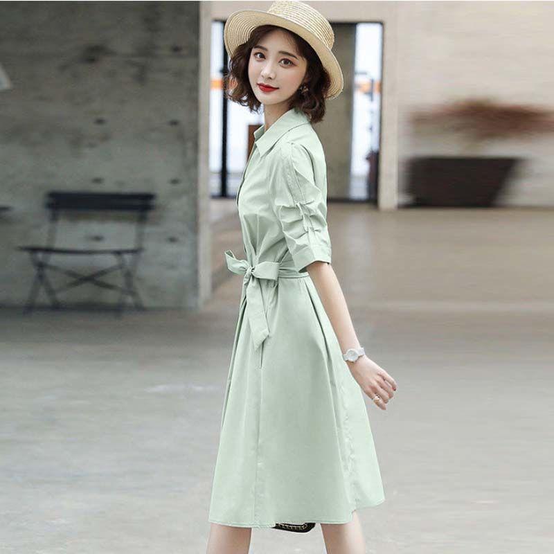 Spring Summer Women's Shirt Dress Mid-length Skirt Ladies Professional Wear All-match Long-sleeved Solid Color Dress