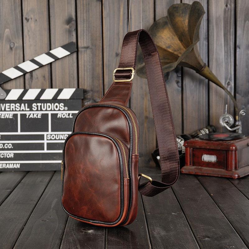 Retro Chest Bag Men Coffee Soft Leather Large-capacity Pockets Outdoor Sports Fitness Shoulder Bag