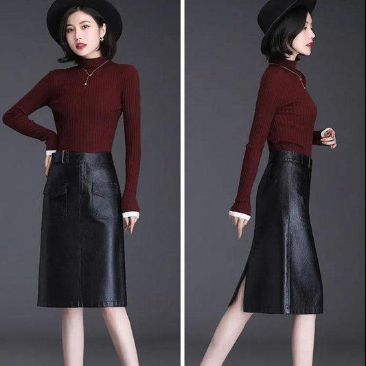 Female Autumn  Winter Leather Skirt High Waist Slim Wrap Skirt PU Leather Knee-length Bodycon Pencil Skirt