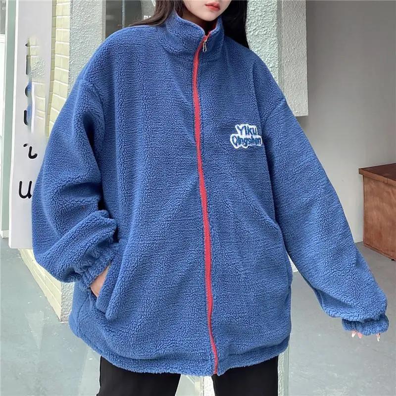 Two-sided Polar Fleece Jacket Winter Korean Version of The Loose High Collar Mid-length Embroidered Lamb Velvet Jacket Suitable for Young Women