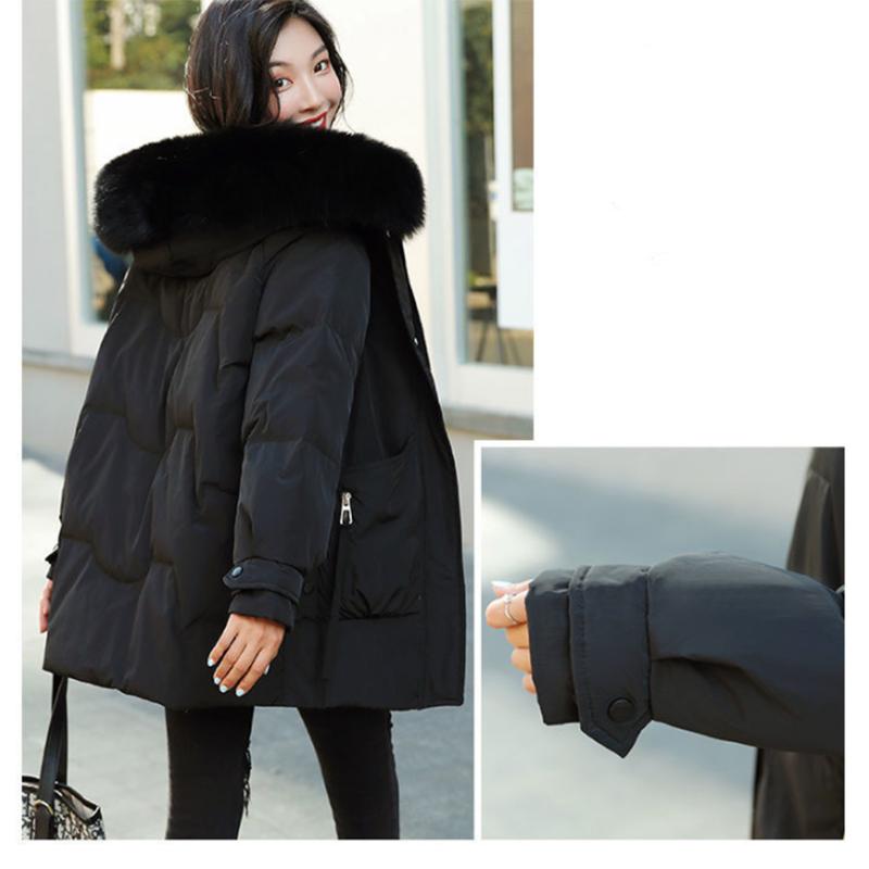 Women's Solid Color Down Jacket Mid-length Korean Loose Thick Coat Warm Cotton Coat Big Fur Collar Winter Clothes Quilted Coat