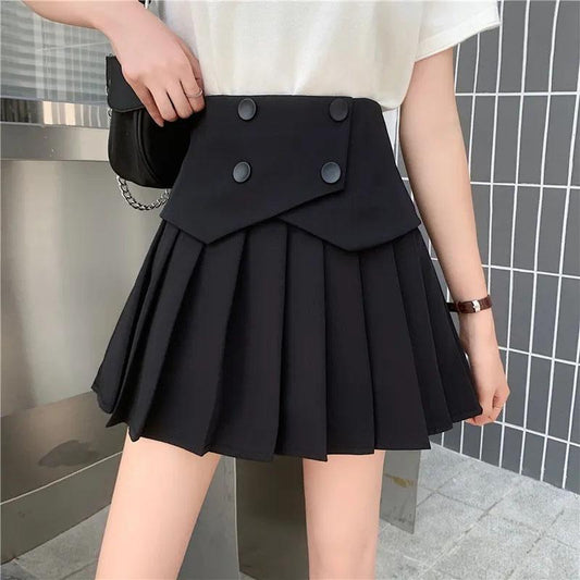 Women's Summer Pleated Skirts Button Design Irregular High Waist Slim A-line Skirts Safety Pants Lining Mini Skirts All Match Casual Tennis Skirt
