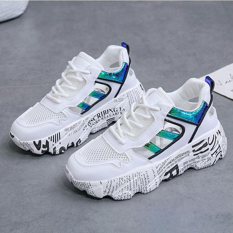 Spring  Summer Net Shoes Women's Wild Casual Breathable Sports Shoes Thick-soled Increased Shoes Non-slip Lace Running Shoes