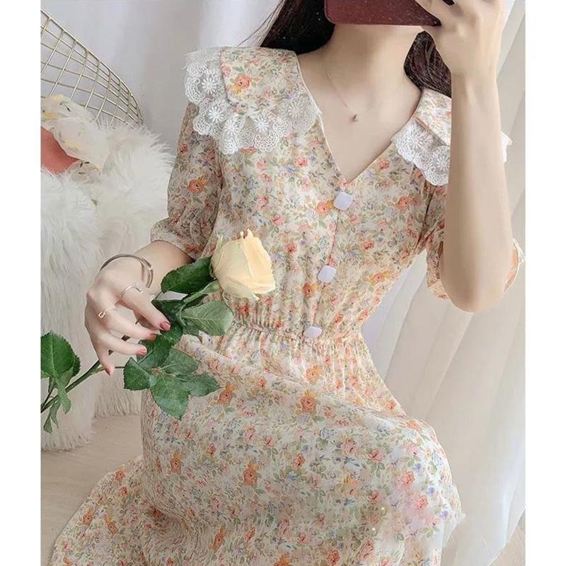 Chiffon Floral Dress Female Waist Is Thin, Temperament Gentle Wind Lace Stitching Princess Skirt Chiffon Long Dress Large Skirt