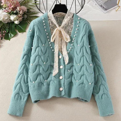 Female Sweet Pearl V-neck Knitted Cardigan Women's Autumn and Winter Versatile Short Knitted Tops