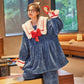 Women's Winter Pajamas Set Cute Bow Large Neckline Thickened Coral Plus Velvet Suit Plush Home Wear Flannel Suit Lovely Cartoon Set