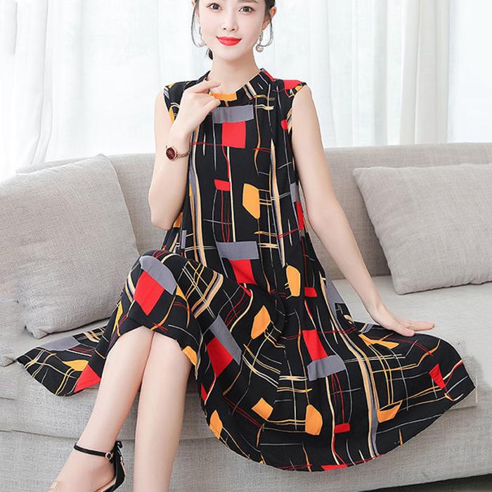 Women Cotton Silk Dress Summer Mother Sleeveless Mid-length Loose Large Home Night Skirt Beach Skirt