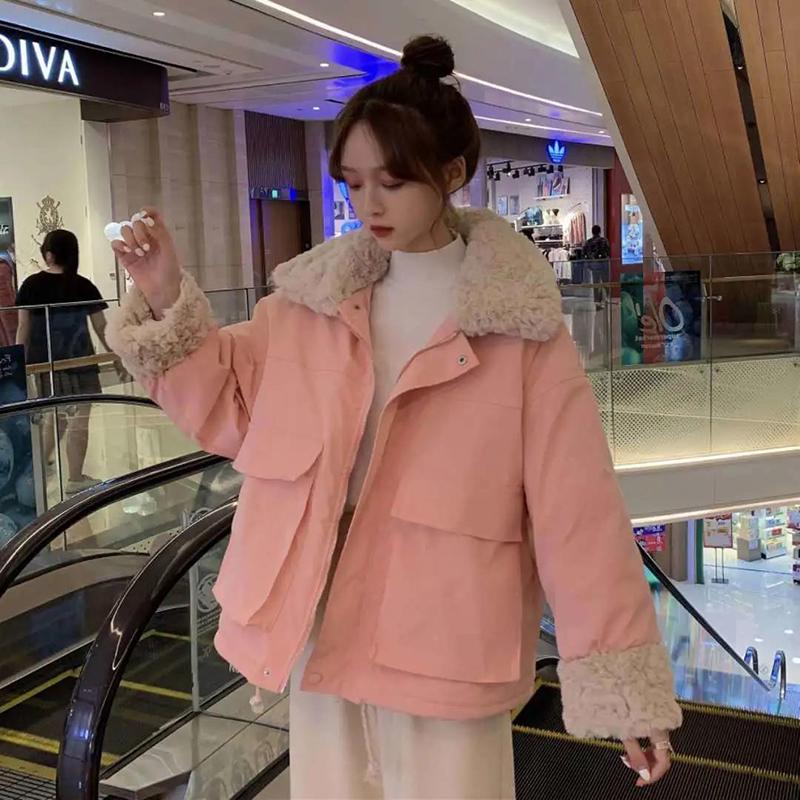 Women's Cotton-padded Jacket Japanese Sweet Coat Women's Lamb Wool Bread Coat Loose Women's Short Plus Velvet Warm Cotton-padded Coat