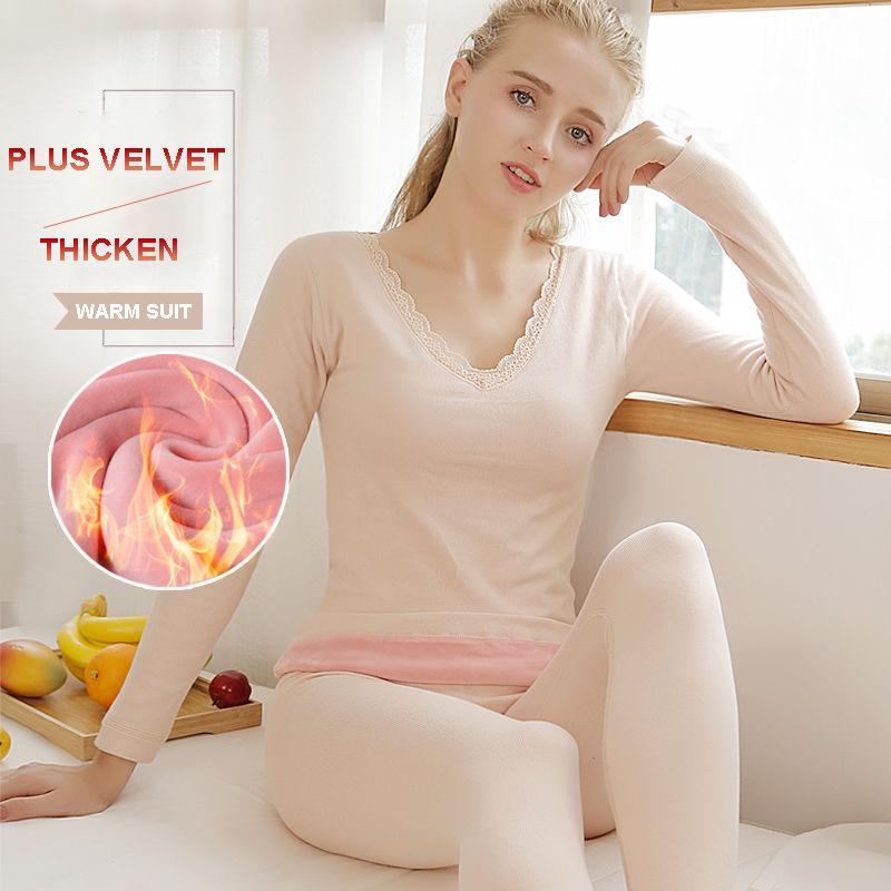 Set of Thermal Underwear Women Plus Velvet Thickening Body Autumn Clothes Long Trousers Winter Bottoming Shirt