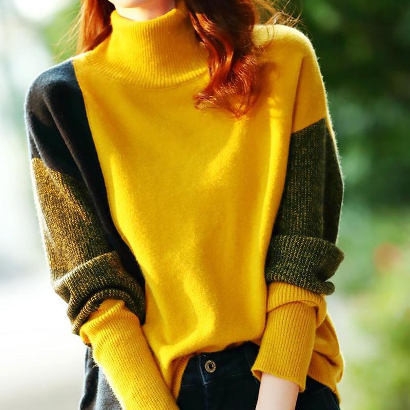Turtleneck Color-blocking Split Sweater Women Autumn  Winter Women's Clothing Loose-fitting All-match Bottoming Sweater