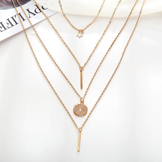 2 Pairs of Star Round Bar Vertical Necklace Ladies Prom Party Bohemian Four-layer Clavicle Chain Jewelry Gift