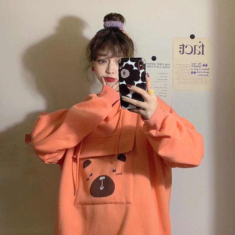 Autumn and Winter Thickened Student Jacket Women's Loose Hooded Big Pocket Blouse Mid-length Sweater