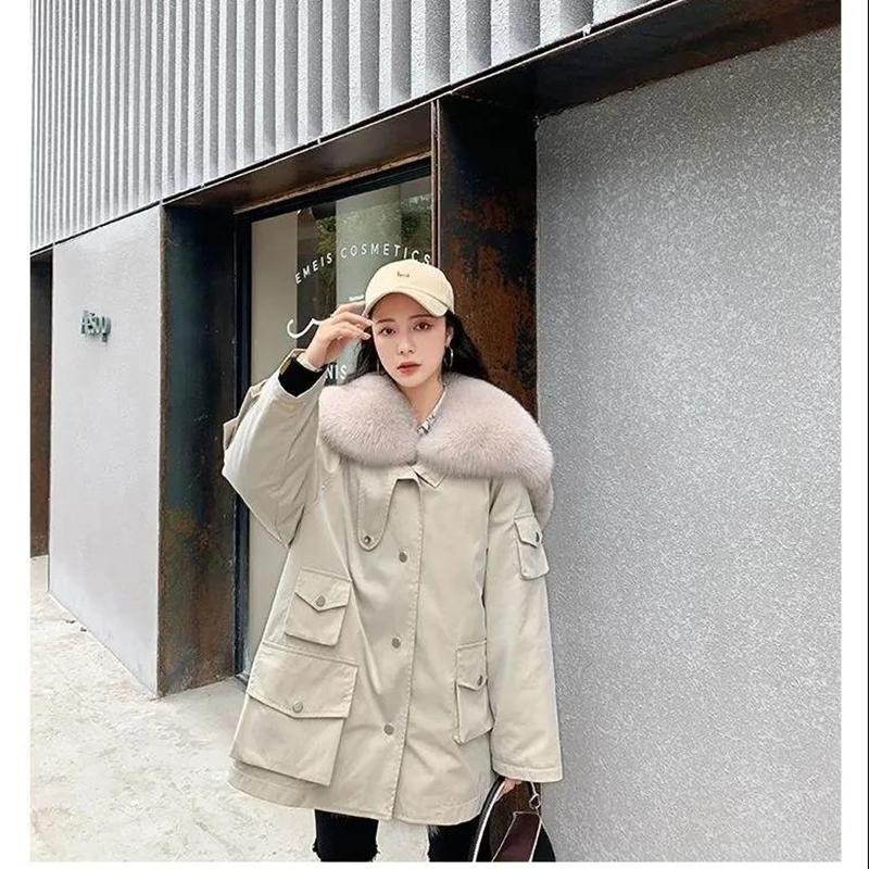 Parker Overcome Women's Detachable Imitation Fox Large Fur Collar Plush Liner Short Faux Fur Jacket Women's Warm Loose Large Size Cotton Jacket