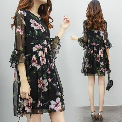 S-XXXXXL Chiffon Dress Loose Large Size Round Neck Flared Short Sleeve Summer Middle-aged Women's Dress
