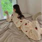 Women's Autumn Winter Coral Fleece Pajamas Set Cute Strawberry Printing Plus Velvet Thickening Loose Casual Homewear Suit Long Sleeves Soft Loungewear