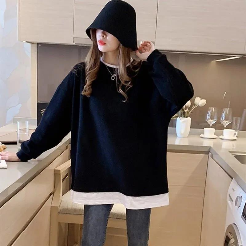 Fake Two-piece Round Collar Tops Women's Autumn Loose Long Sleeve Coats Large Size Versatile Pullover