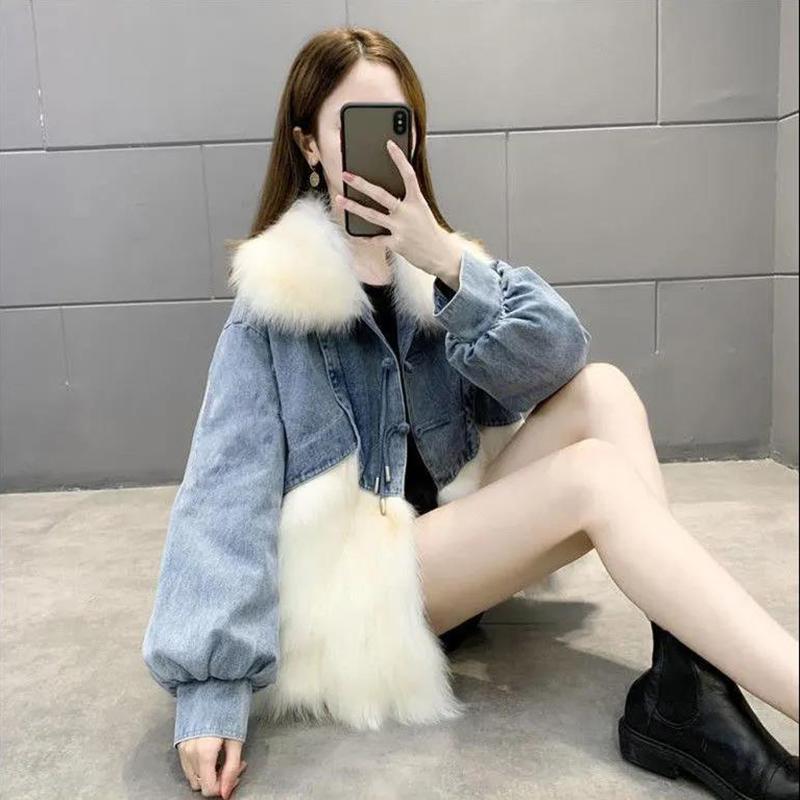 Denim Parker Women's Short Fur Faux Fox Fur Coat Coat Winter Women's Warm Loose Denim Jacket Winter Cotton Coat Comfortable