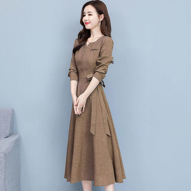 Long Sleeve Fashion Dress Female Spring Summer Korean Style Noble Temperament Slim Slimming Cotton and Linen Midi Skirt