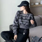 Women's Retro Tie Dye Sweater Loose Thin Lazy Style Short Long Sleeve Top Cropped Navel Statement Top Athletic Girl Pullover Dark Sweatshirt