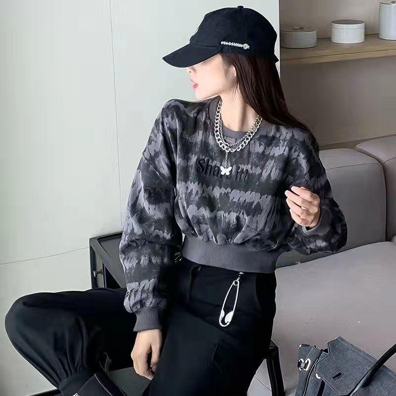 Women's Retro Tie Dye Sweater Loose Thin Lazy Style Short Long Sleeve Top Cropped Navel Statement Top Athletic Girl Pullover Dark Sweatshirt