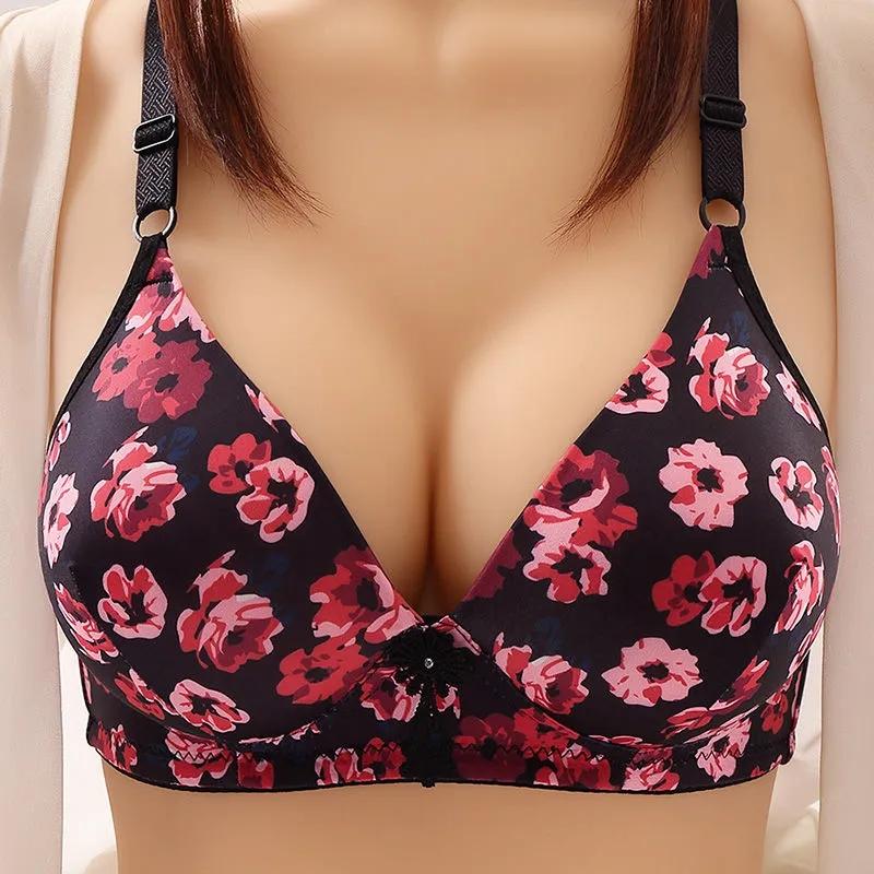 Large Size Bra Gathering No Steel Ring Printing Sexy Comfortable Breathable Anti-sagging Adjustable Bra